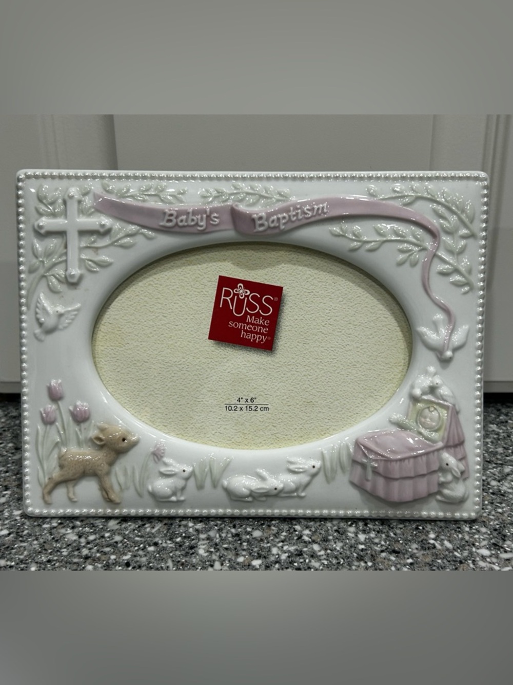 Russ Baby’s Baptism Frame Pink White 4x6 Religious Keepsake Gift